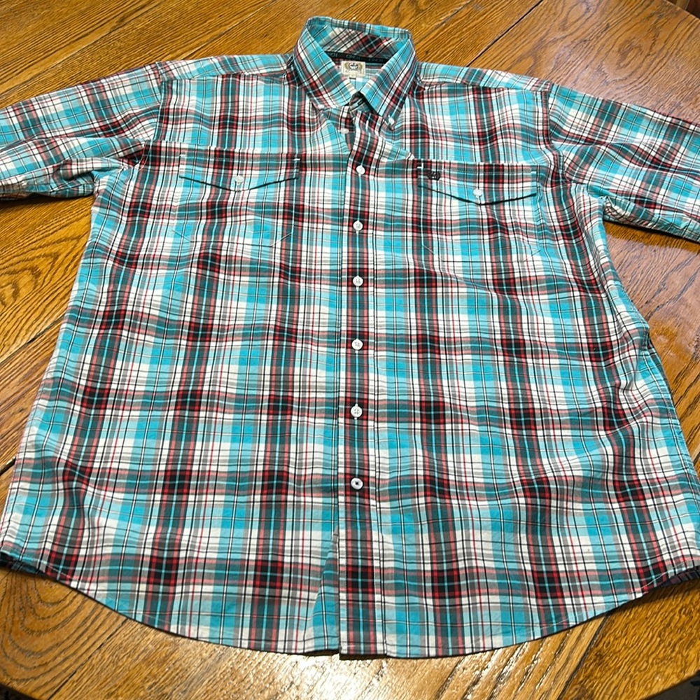 Cinch plaid men’s button down western shirt. Blue, red and black. Size Large.